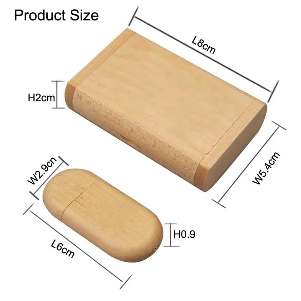 Maple wooden USB box measuring 8 x 5.4 x 2 cm above an oval wooden USB drive measuring 6 x 2.9 x 0.9 cm, both labeled.