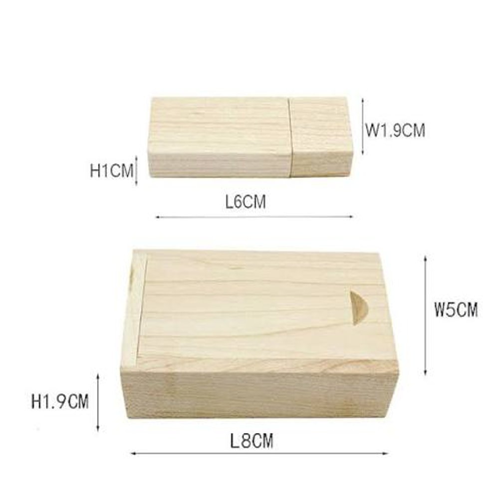 Size chart of a maple wooden USB drive (6 x 1.9 x 1 cm) beside its matching slide-lid box (8 x 5 x 1.9 cm).