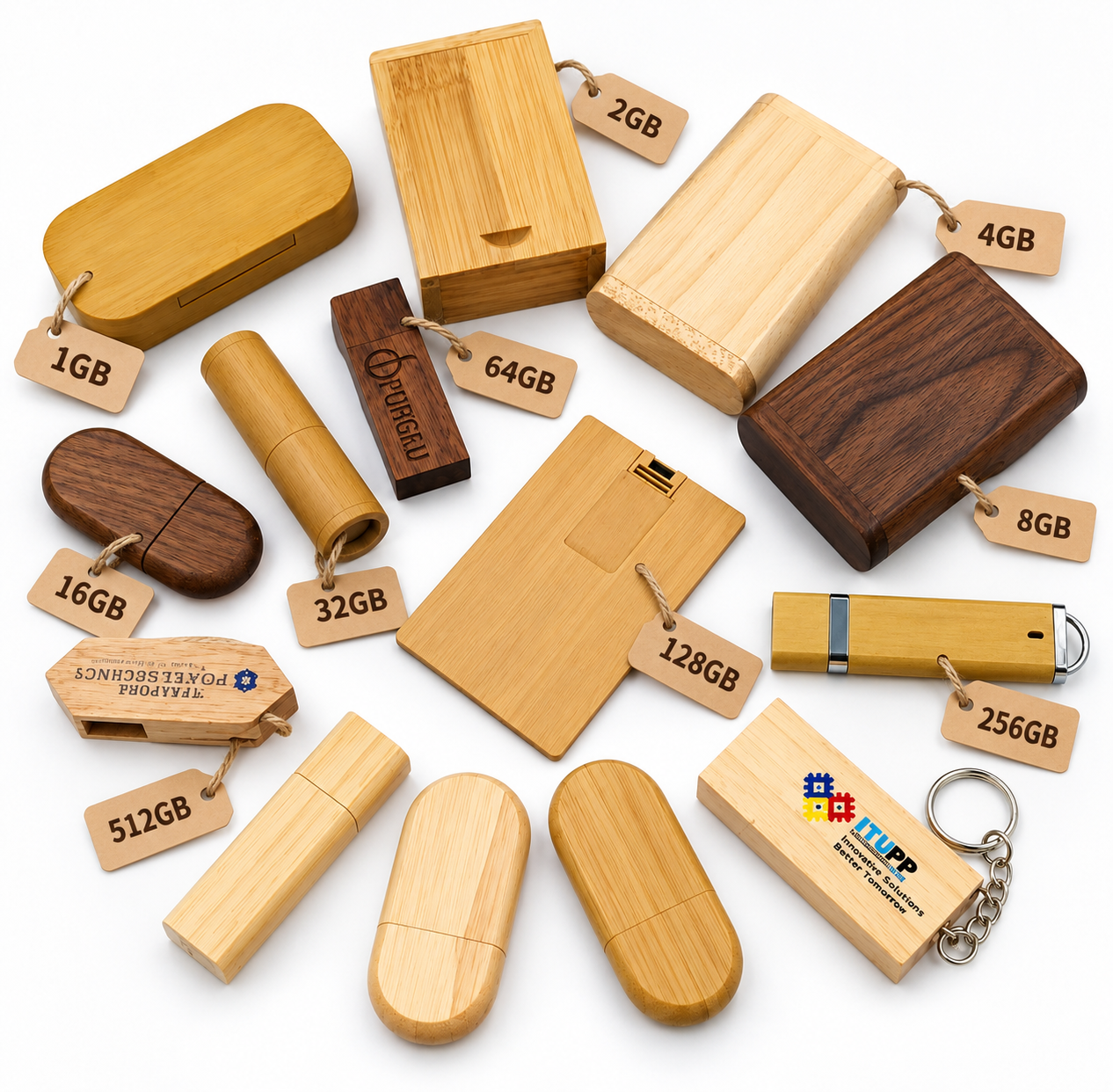 Wooden USB drives with capacity tags from 1GB to 512GB