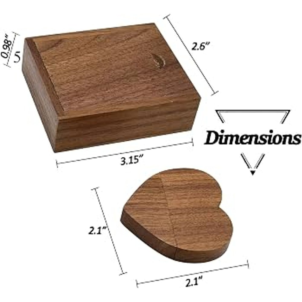 Walnut slide-top box labeled 3.15 x 2.6 x 0.98 inches with a heart-shaped wooden USB drive labeled 2.1 inches square.