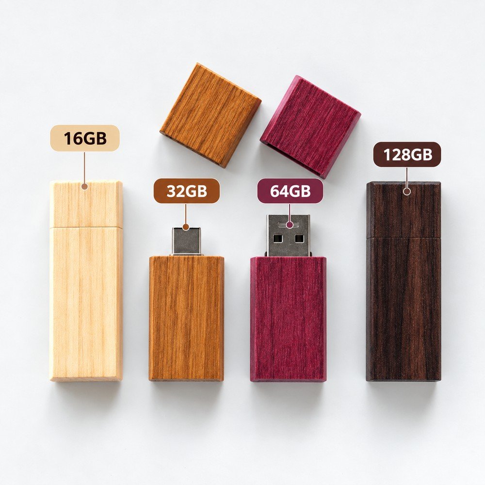 Wooden USB drives labeled 16GB 32GB 64GB and 128GB