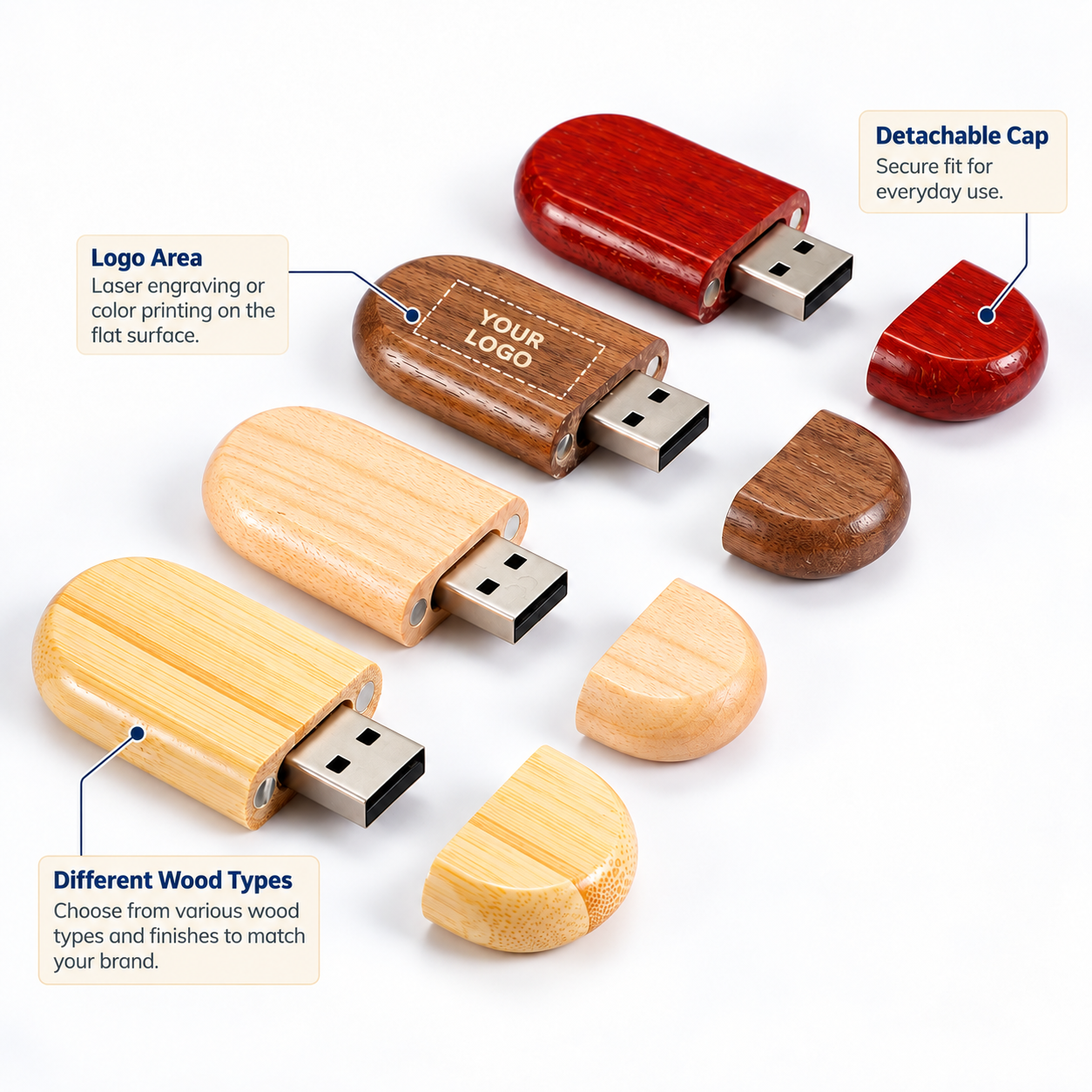 Wooden USB drives with callouts for logo area wood types and detachable cap