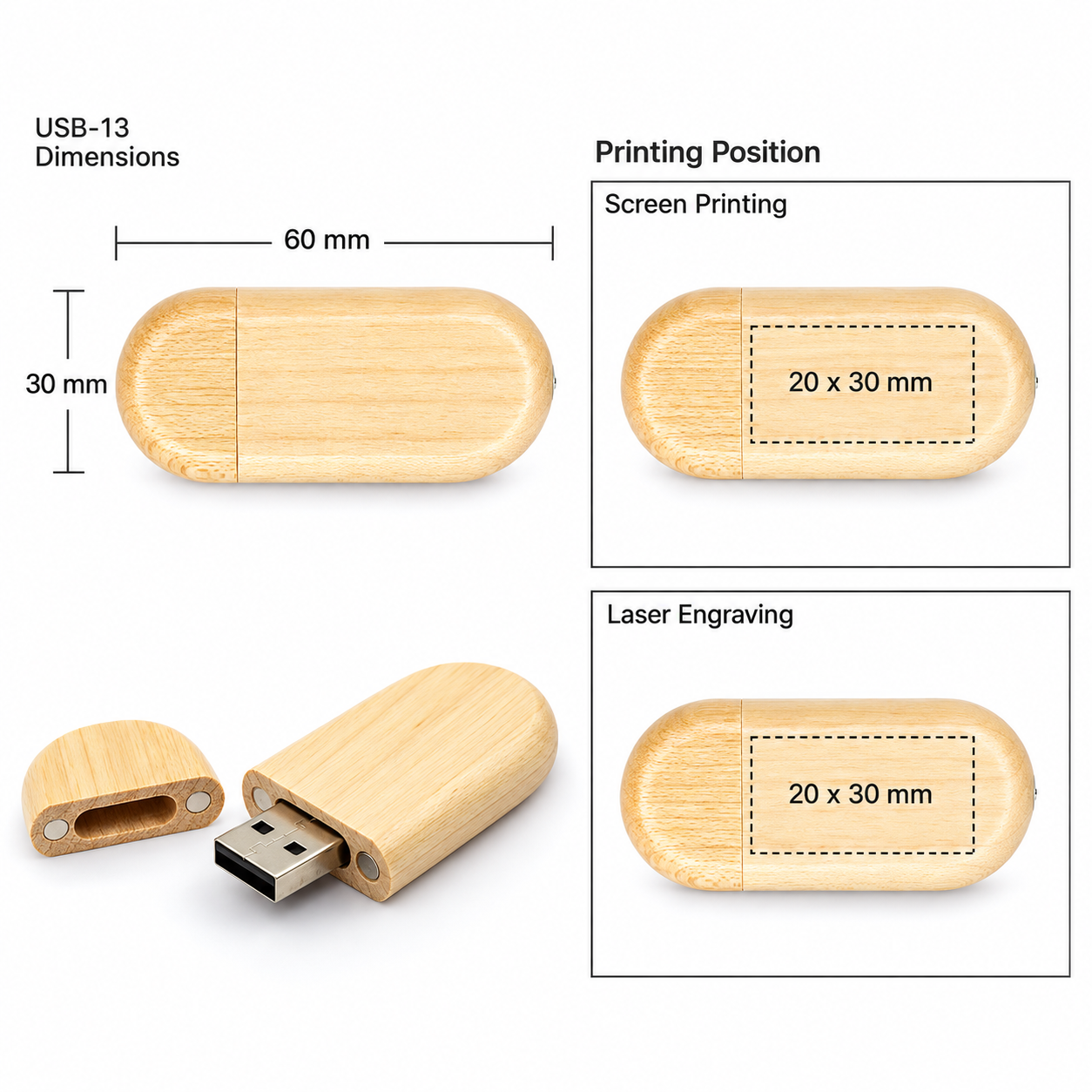 Wooden USB drive diagram showing dimensions and printing positions